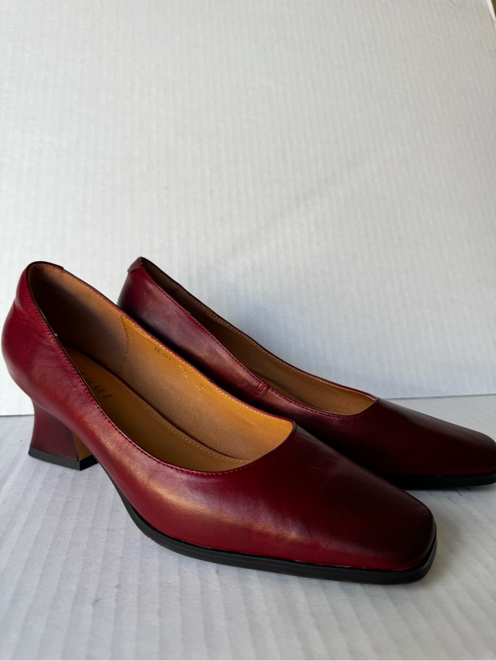Handmade Women's Red Leather Pump Square Toe Slip On Block Heel Solid 7.5N